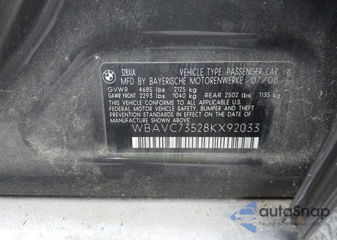 2008 BMW 328Xi from USA, damaged, VIN WBAVC73528KX92033